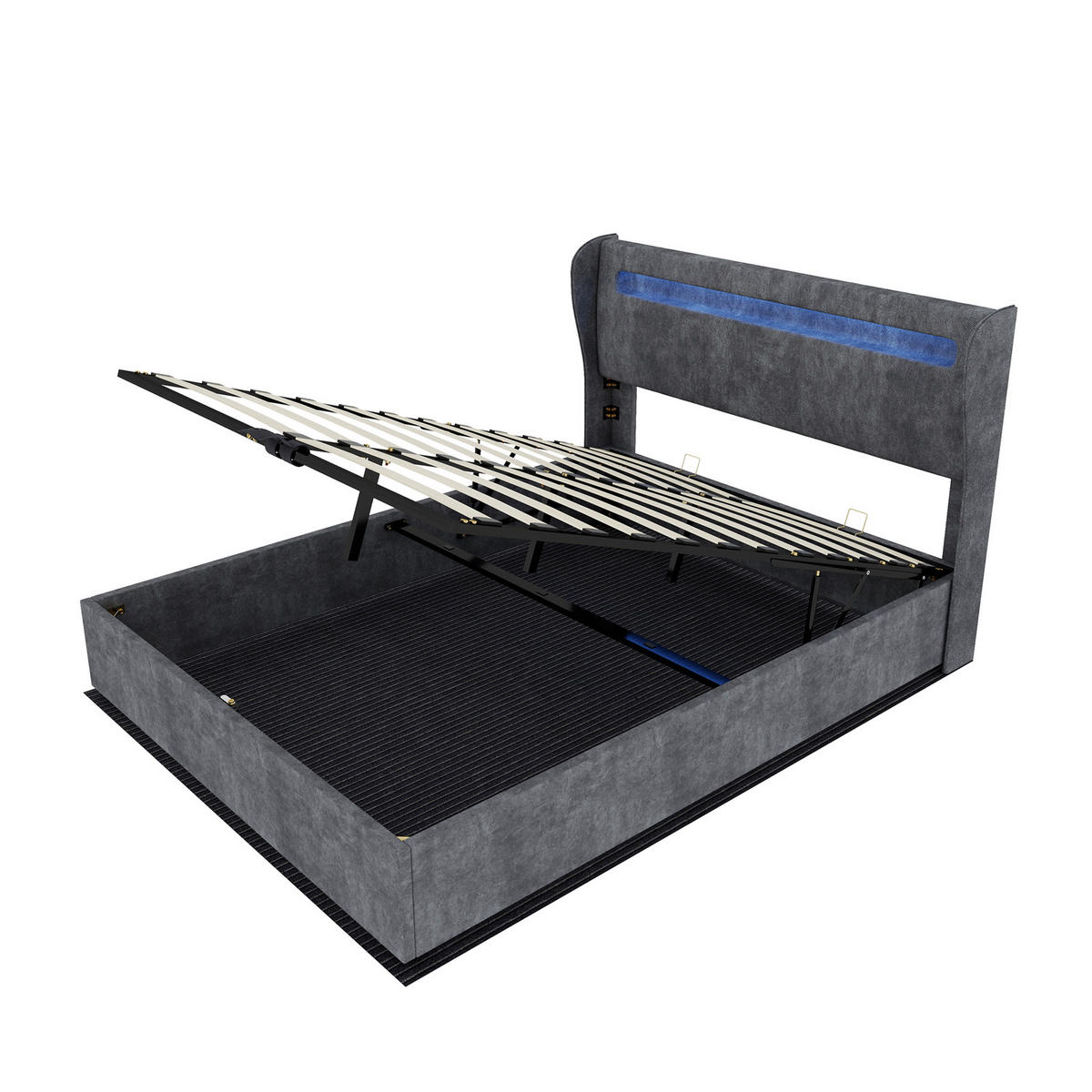 STAURAUMBETT 160/200 cm mit LED und Gaslift-Stauraum, DE-41911, in Grau - Grau, Metall (160/200cm) - ComfortXL