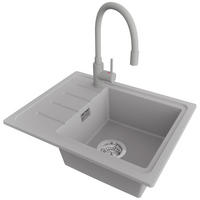 GRANITSPÜLE Kopenhagen Easy, 2-er set Grau 55/44 cm 1 Becken + Küchenarmatur 38/14 cm + Ablauf-Set ab 45er Unterschrank - Chromfarben/Grau, Kunststoff (55/17/44cm) - Primagran