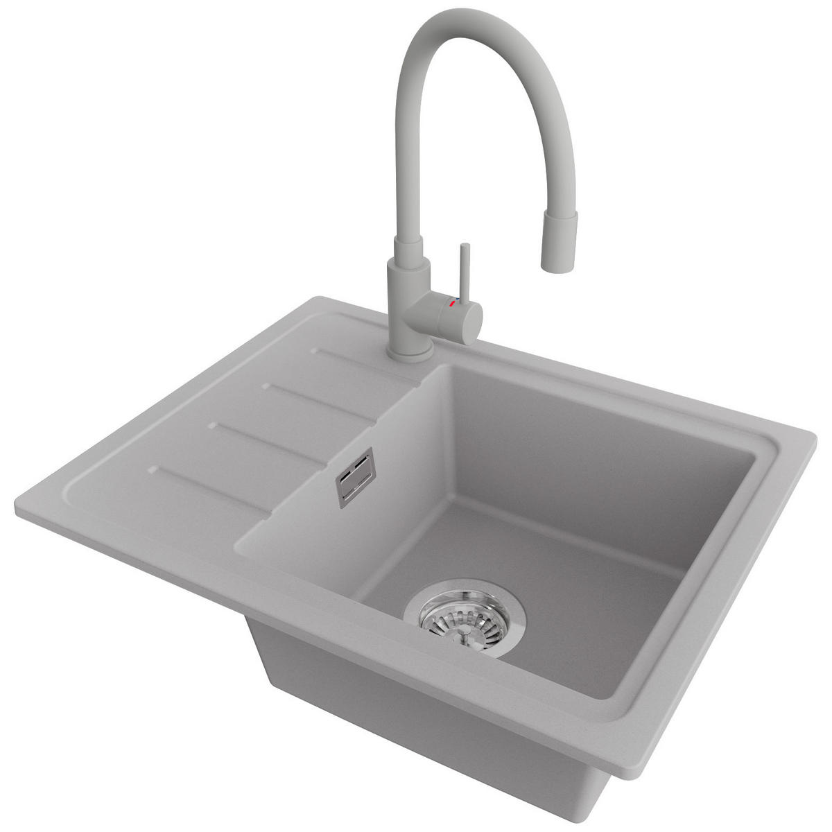 GRANITSPÜLE Kopenhagen Easy, 2-er set Grau 55/44 cm 1 Becken + Küchenarmatur 38/14 cm + Ablauf-Set ab 45er Unterschrank - Chromfarben/Grau, Kunststoff (55/17/44cm) - Primagran
