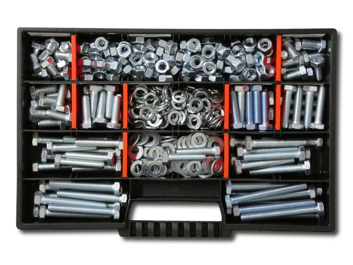 SCHRAUBENSET mit Sechskantschrauben, Muttern, Unterlegscheiben und Federringen M8 // 12mm-70mm 400 tlg - Zinkfarben, Metall (8/3.5cm) - Schraubenbox24