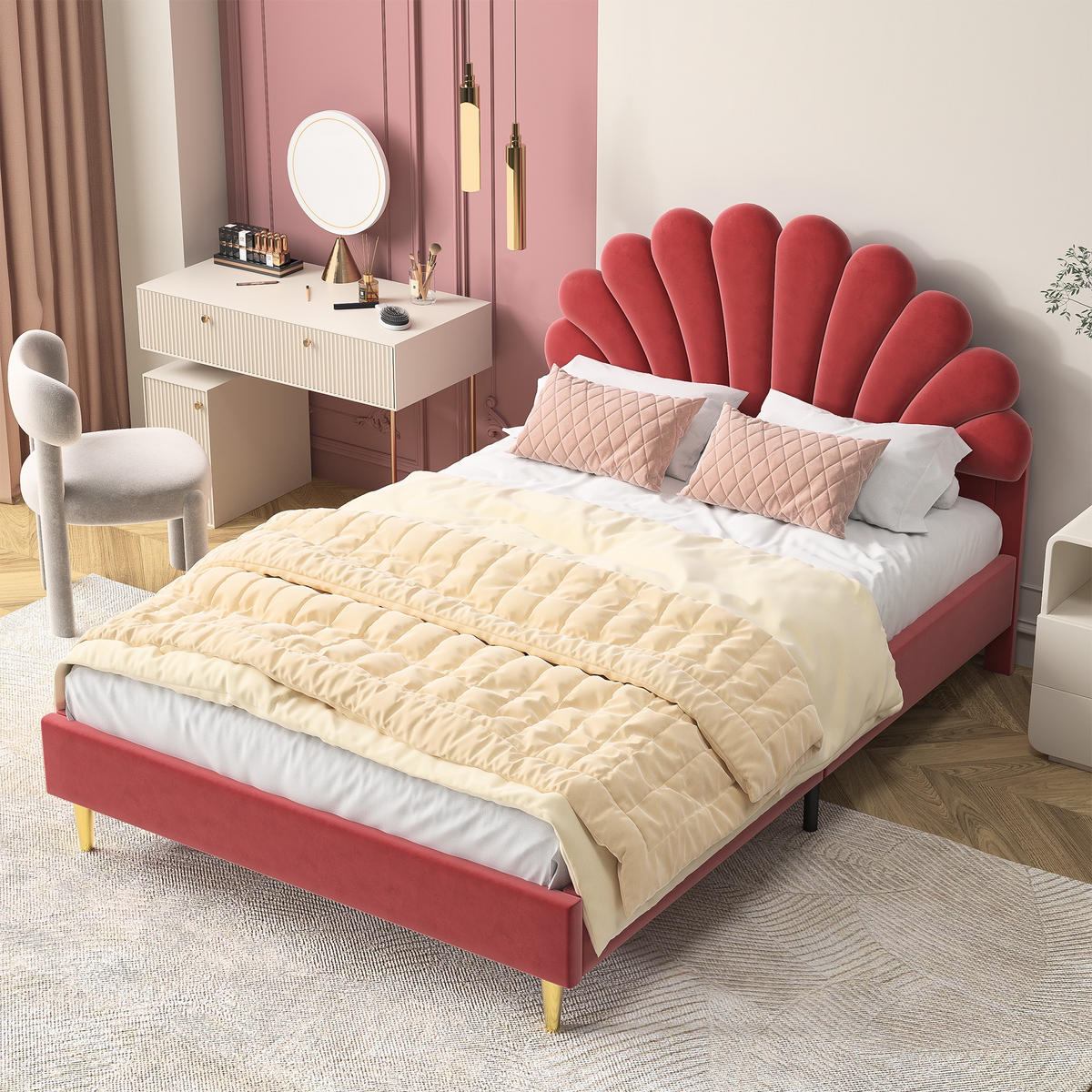 POLSTERBETT 140x200cm Doppelbett in Blütenform höhenverstellbar – Samt Weinrot - Dunkelrot, Textil (140/200cm) - DELFA