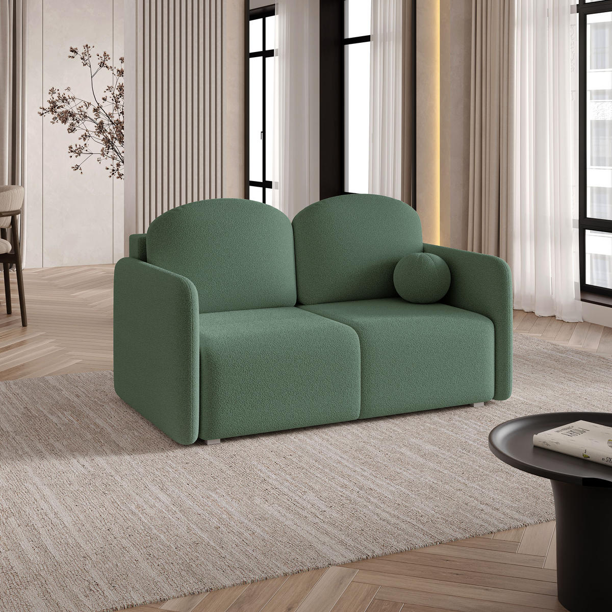 BETTSOFA SUVI II Q Grün Bucle-Stoff mit Schlaffunktion - Grün, Textil (90/85/153cm) - MASSENO