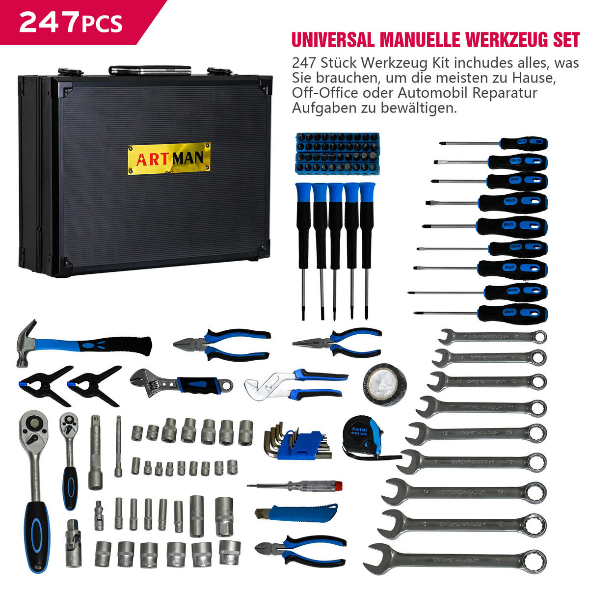 WERKZEUGSET 247 TEILE Kombi-Reparaturwerkzeug, Basis-Set, Blau - Blau, Metall (30/140/40cm) - Novahome