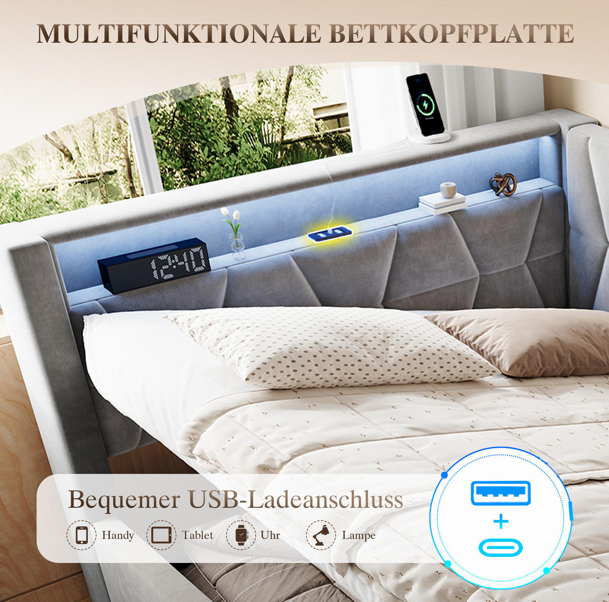 POLSTERBETT 140/200 cm in Dunkelgrau mit Stauraum, LED-Beleuchtung und USB-Anschlüssen - Dunkelgrau, Metall (140/200cm) - Flora Grace