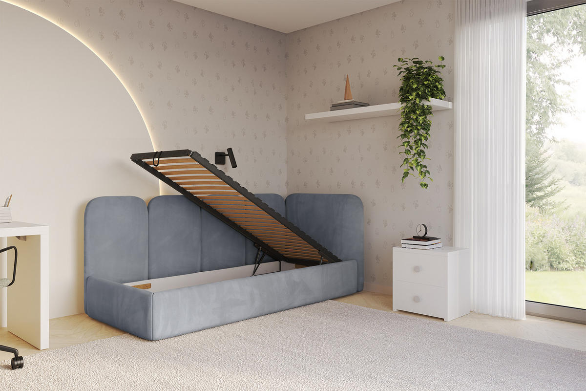 EINZELLBETT Jugendbett mit Bettkasten, Links - VELY 90x200 Grau - Grau, Holzwerkstoff/Textil (90/200cm) - ALTDECOR