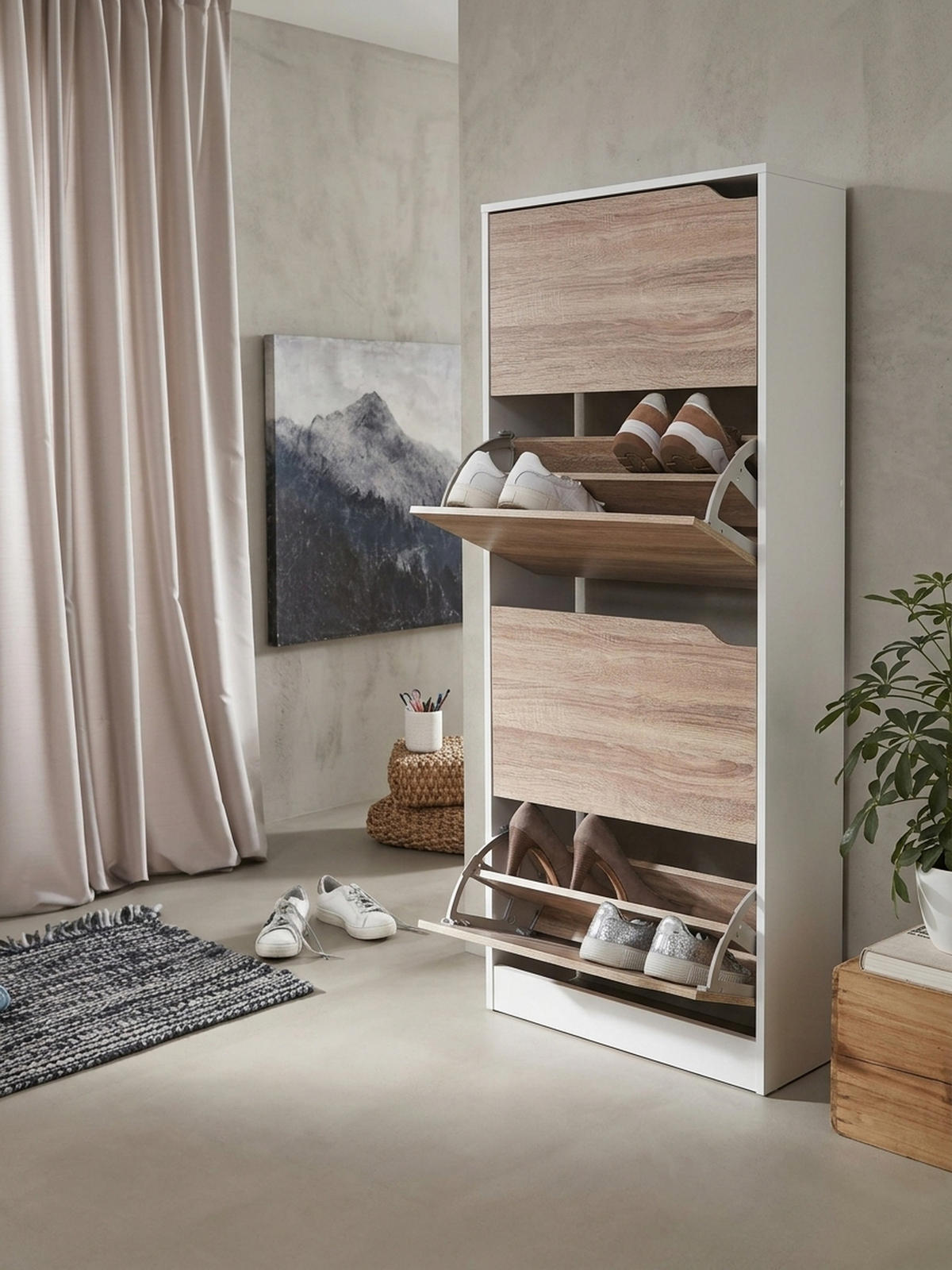 SCHUHSCHRANK – Weiß/Sonoma Eiche, 4 Fächer, für ca. 24 Paar Schuhe - Weiß, Holz (60/150/24cm) - KADIMA DESIGN
