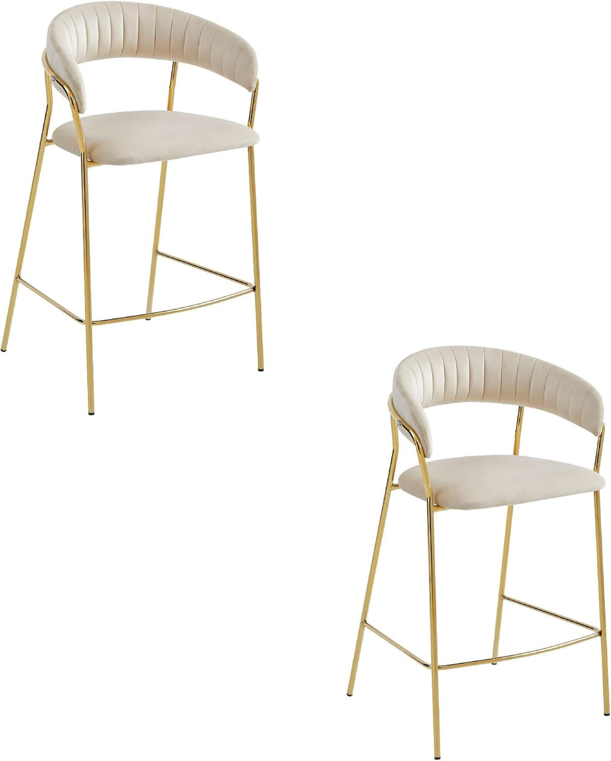 BARHOCKER 2er Set Beige Velours, geriffelte Rückenlehne, Metallgestell vergoldet, Modernes Design, Thekenhöhe - Beige, Textil (48/97/46cm) - Best For Home