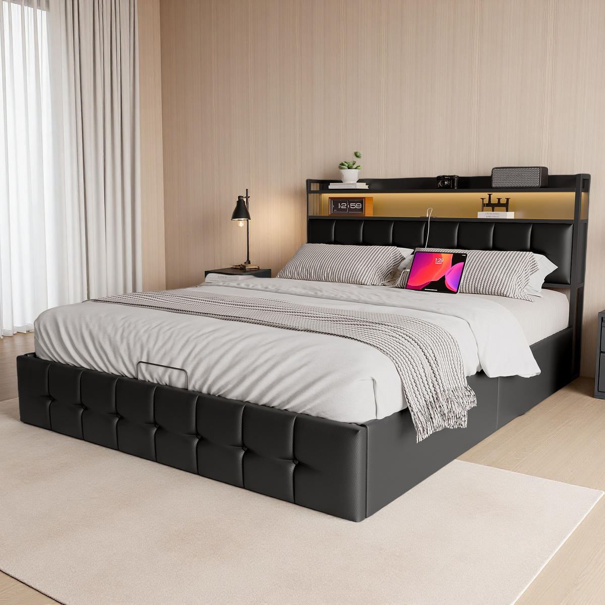 POLSTERBETT 160x200 cm LED Kopfteil Lattenrost PU Leder schwarz - Schwarz, Holz (160/200cm) - Fortuna Lai