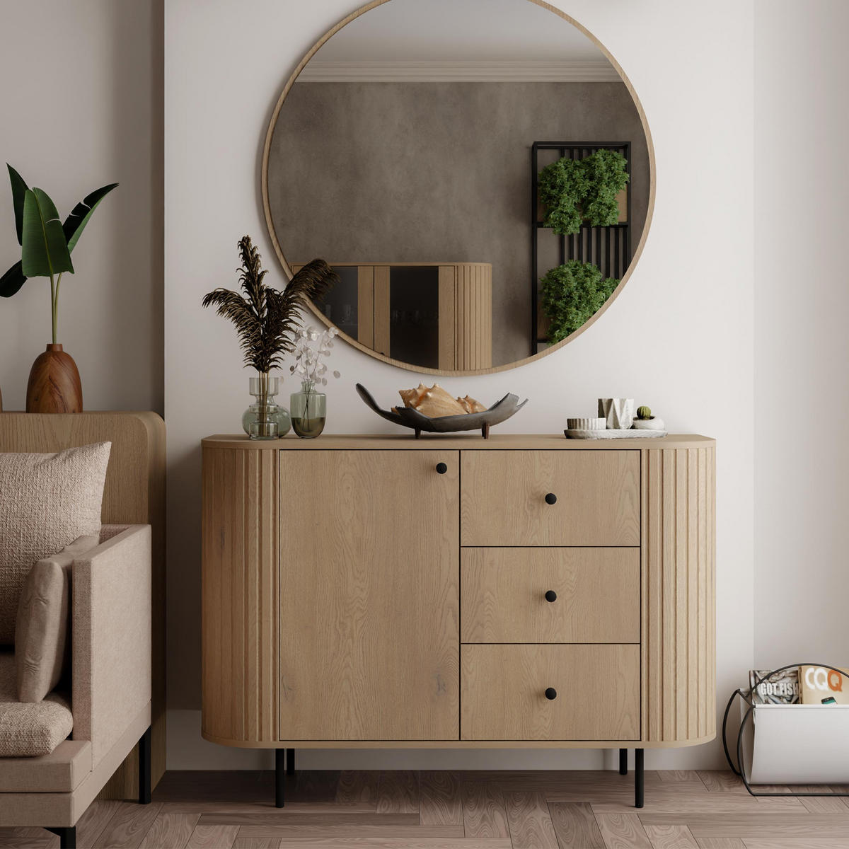 SIDEBOARD Halay Eiche Cremona, 1 Tür & 3 Schubladen Moderne Rillenstruktur 123 cm - Eichefarben/Schwarz, Holzwerkstoff/Metall (123/85.4/42.3cm) - AX Living