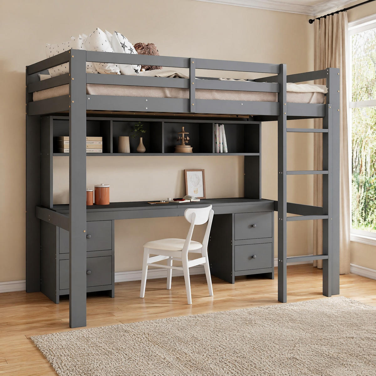 HOCHBETT 90/200 mit Schreibtisch, Stauraum und Treppe in Grau - Grau, Holz (90/200cm) - EVRYAE