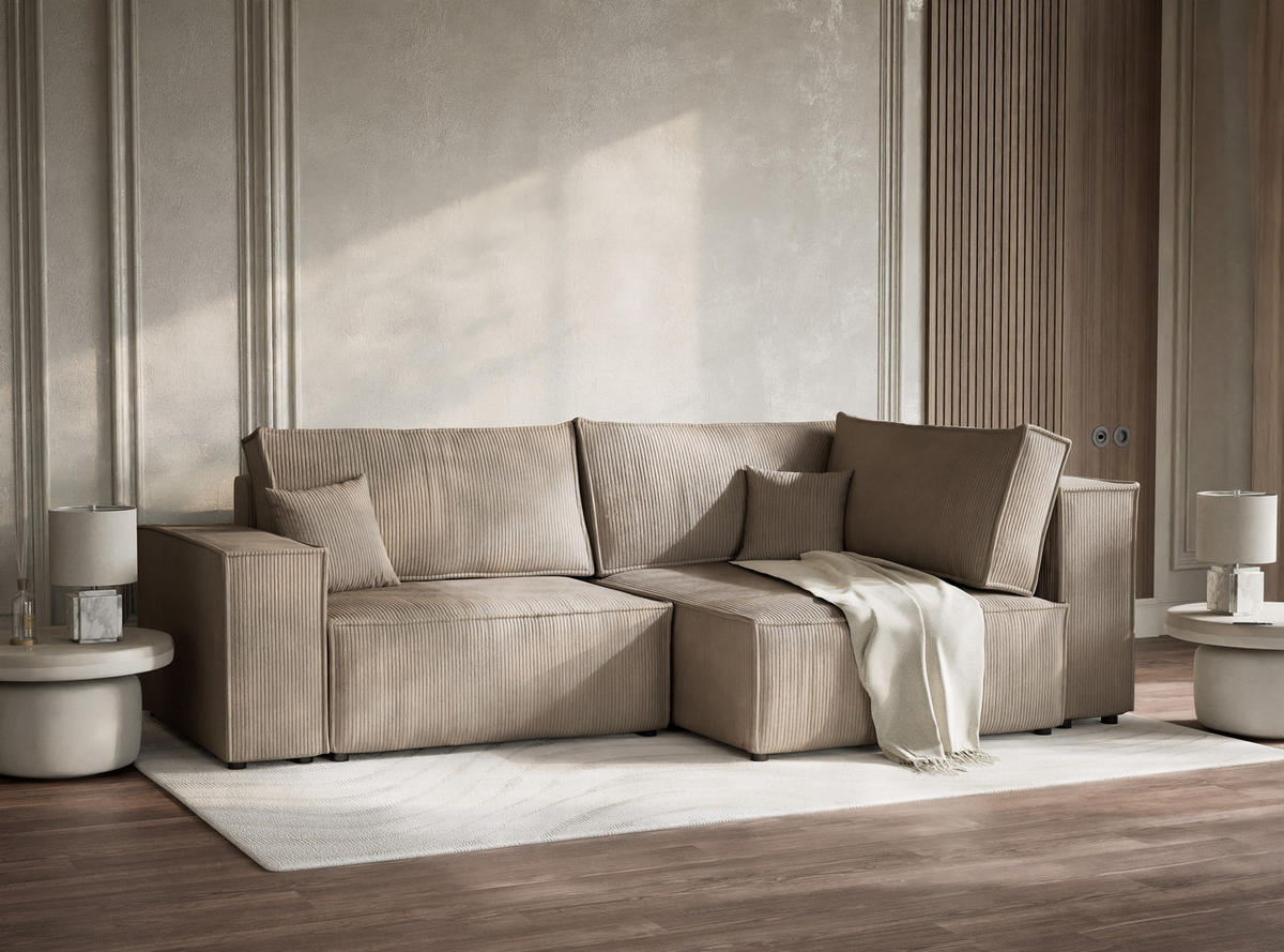 ECKSOFA MIT SCHLAFFUNKTION Tonga Beige Samtstoff - Beige/Schwarz, Holz/Holzwerkstoff (255/105cm) - Maison de Reve