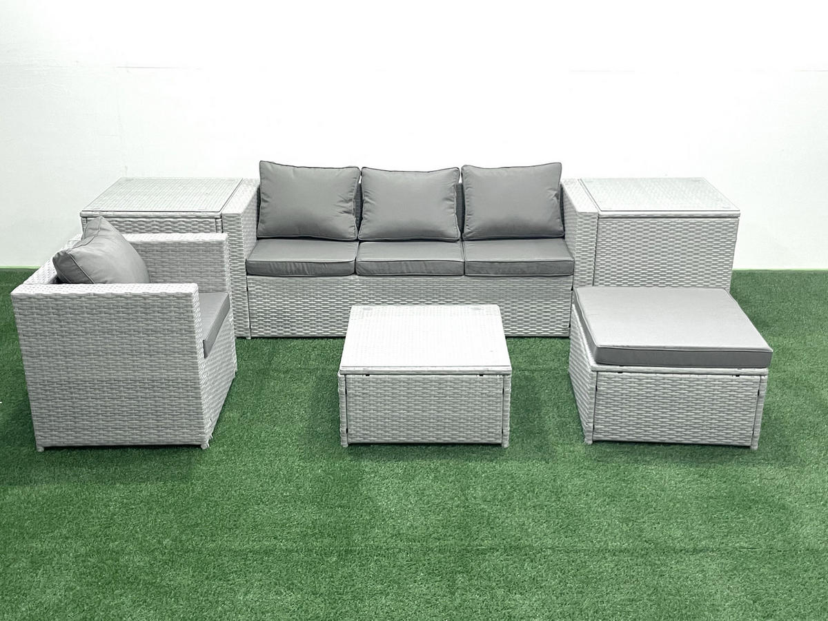 GARTENMÖBELSET mit 3-SITZER SOFA,COUCHTISCH Polyrattan Hellgrau-Mix 5-Sitzer - Hellgrau/Grau, Glas/Kunststoff - Fimous