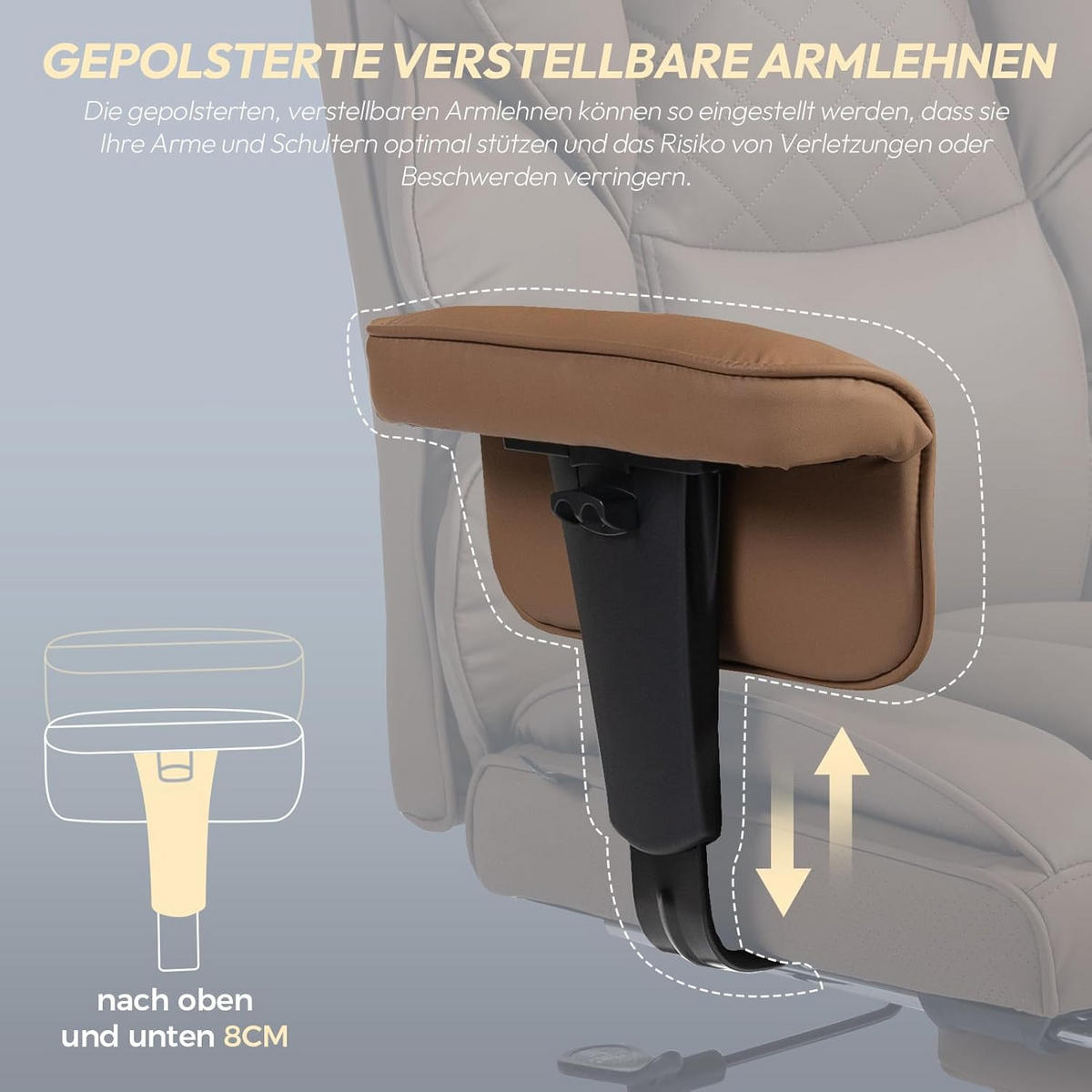 GAMING-STUHL & gefederten Sitzkissen Lendenwirbelstütze und Fußstützen - Braun, Leder (76/121/60cm)