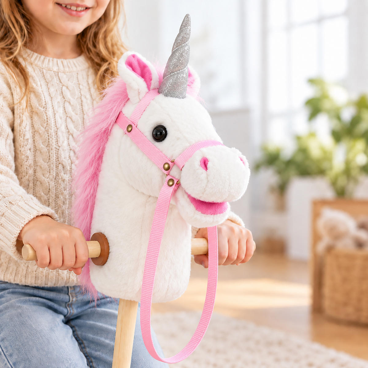 STECKENPFERD Weiß Rosa mit Sound Plüschkopf 95 cm - Weiß, Holz/Kunststoff (20/95/20cm) - Relaxdays