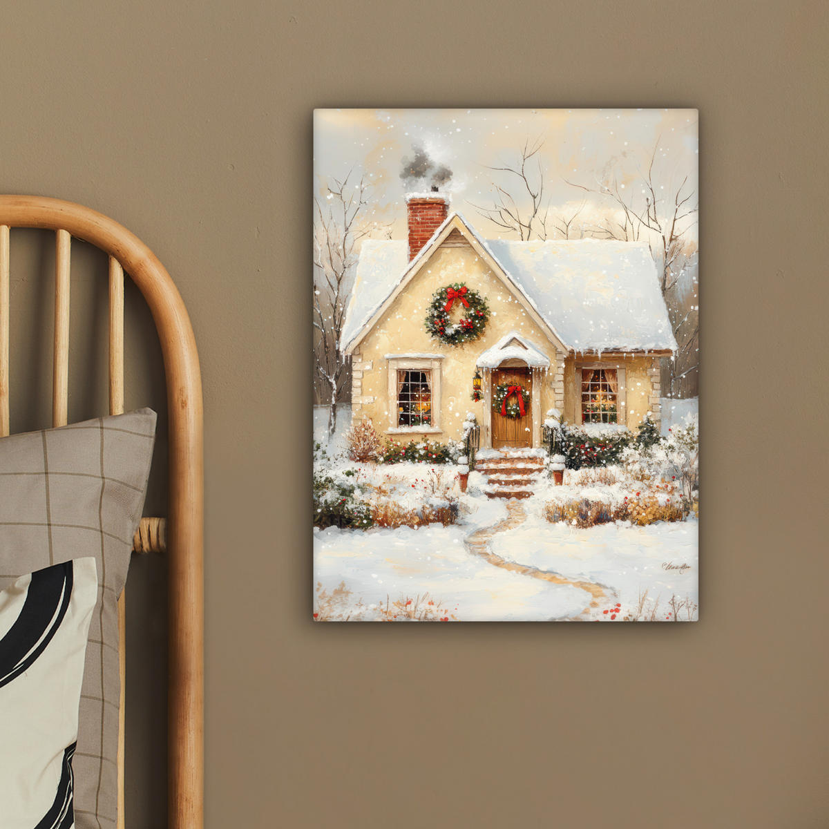 LEINWANDBILD Weihnachten - Zuhause - Winter - Schnee 30x40 cm - Creme, Textil (30/40cm) - MuchoWow