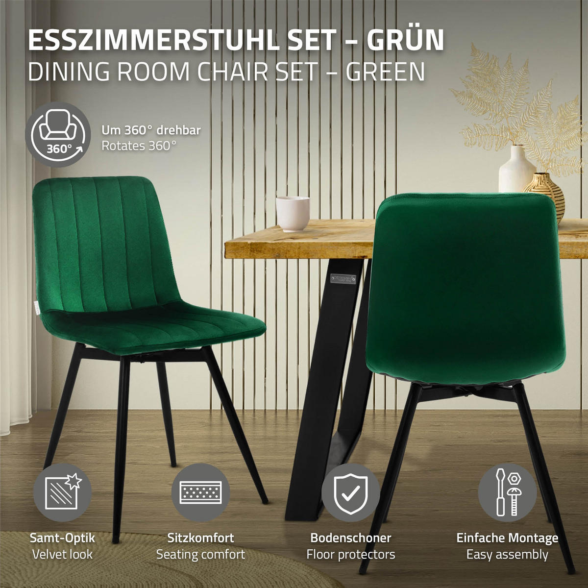 ESSZIMMERSTÜHLE 2er Set drehbar Küchenstühle gepolstert aus Samt Dunkelgrün - Dunkelgrün/Schwarz, Textil/Metall (43/81/52cm) - ML-DESIGN