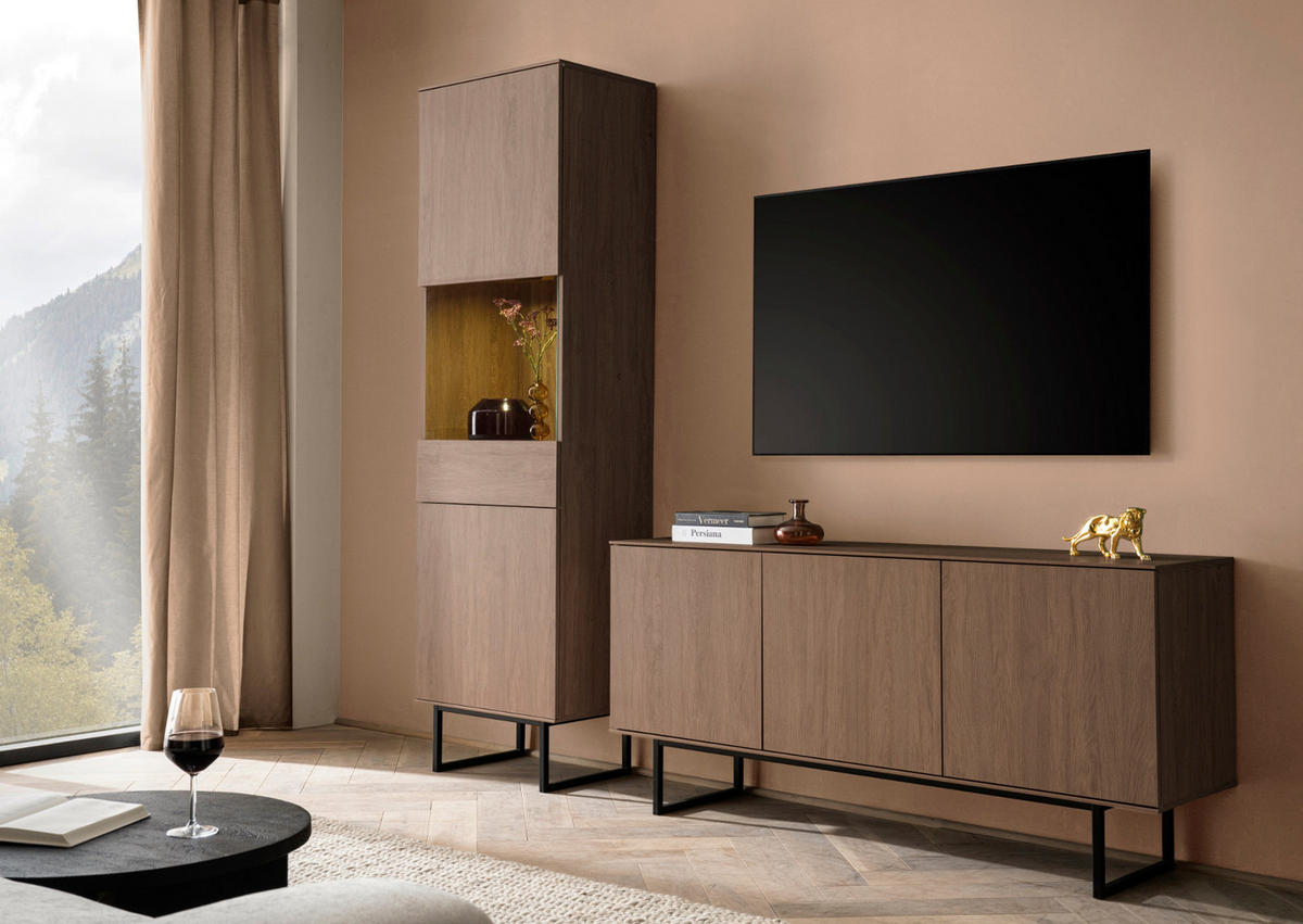 WOHNWAND in Nussbaum 2-teilig 220 cm, Komplett-Set mit Push-to-Open - Nussbaumfarben/Schwarz, Glas/Holzwerkstoff (220/200/40cm) - Furn.Design