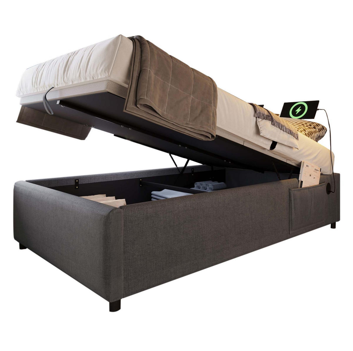 POLSTERBETT 90/200 cm mit hydraulischem Bettkasten & USB/Type-C, ohne Kopfteil, Grau - Grau, Textil (90/200cm) - Redom