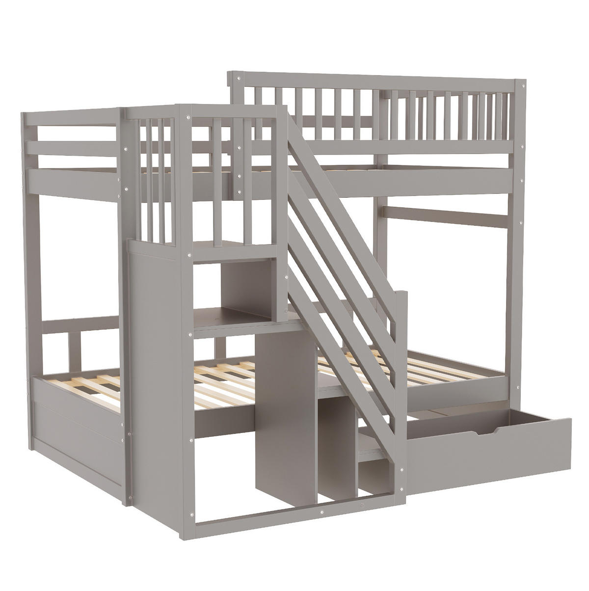 ETAGENBETT aus Kiefernholz 90x200 cm Grau mit Stauraumtreppe, Schubladen und Lattenrosten - Grau, Holz (90/200cm) - IVMEU