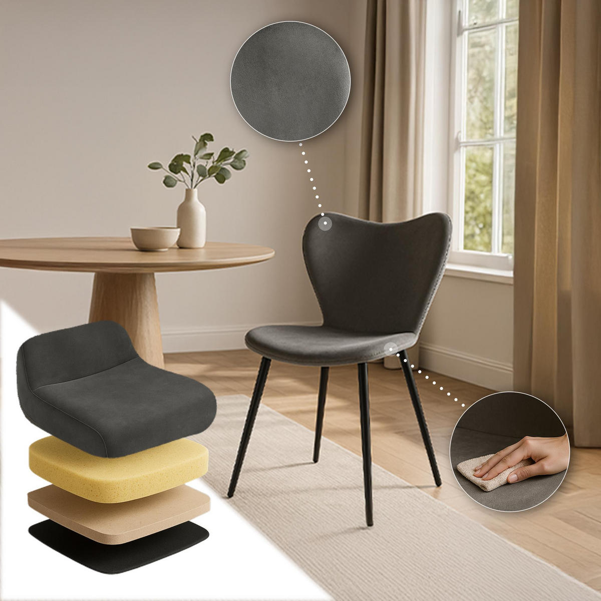 ESSZIMMERSTUHL Samt Anthrazit - Anthrazit/Schwarz, Textil/Metall (50/80/58cm) - CLP