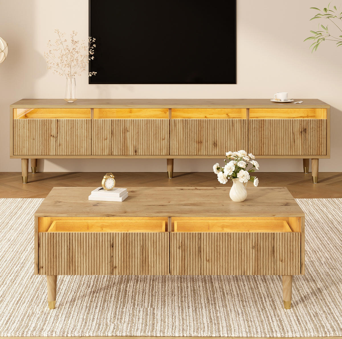 COUCHTISCH aus MDF 178x35x45 cm in Naturfarben mit LED-Beleuchtung & 2 Schubladen - Naturfarben, Holzwerkstoff (178/35/45cm) - Modfu