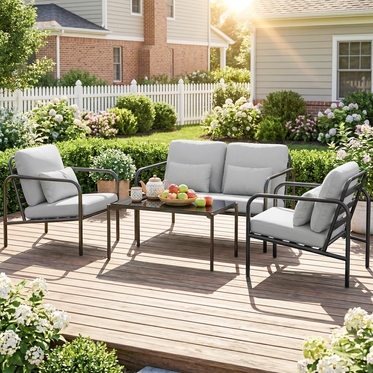 GARTENMÖBEL-SET, Stahl 4-teilig Doppelsofa, hellgrau - Grau, Metall - Vallsero