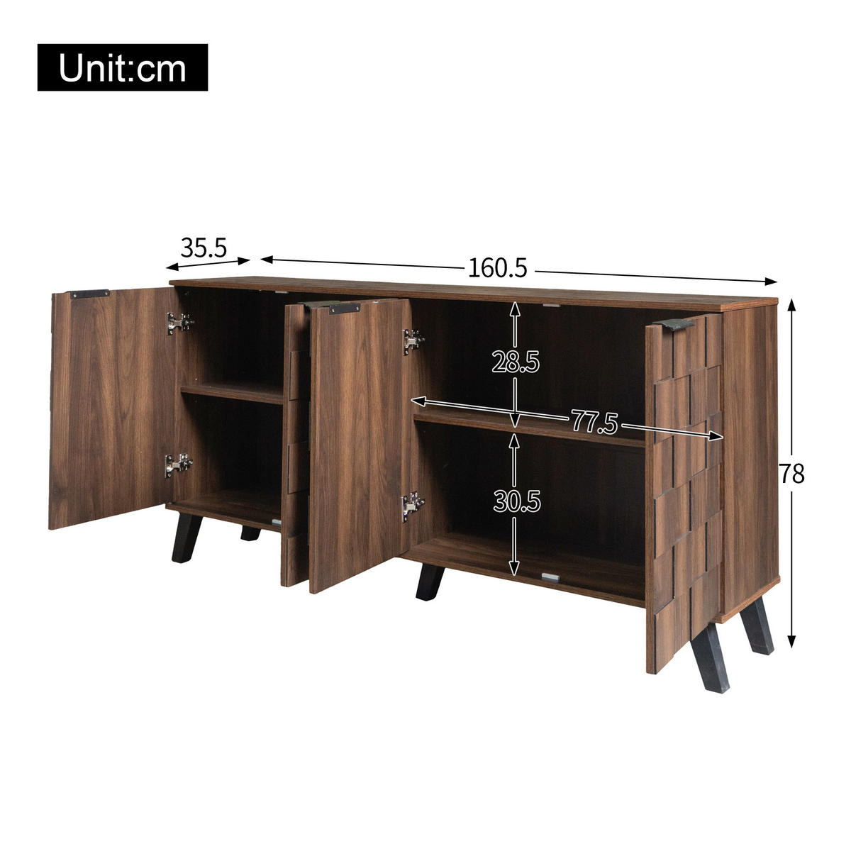 SIDEBOARD 160cm 4 Türen dunkle Holzmaserung modern - Walnussfarben, Holzwerkstoff (35.5/78/160.5cm) - FLIEKS