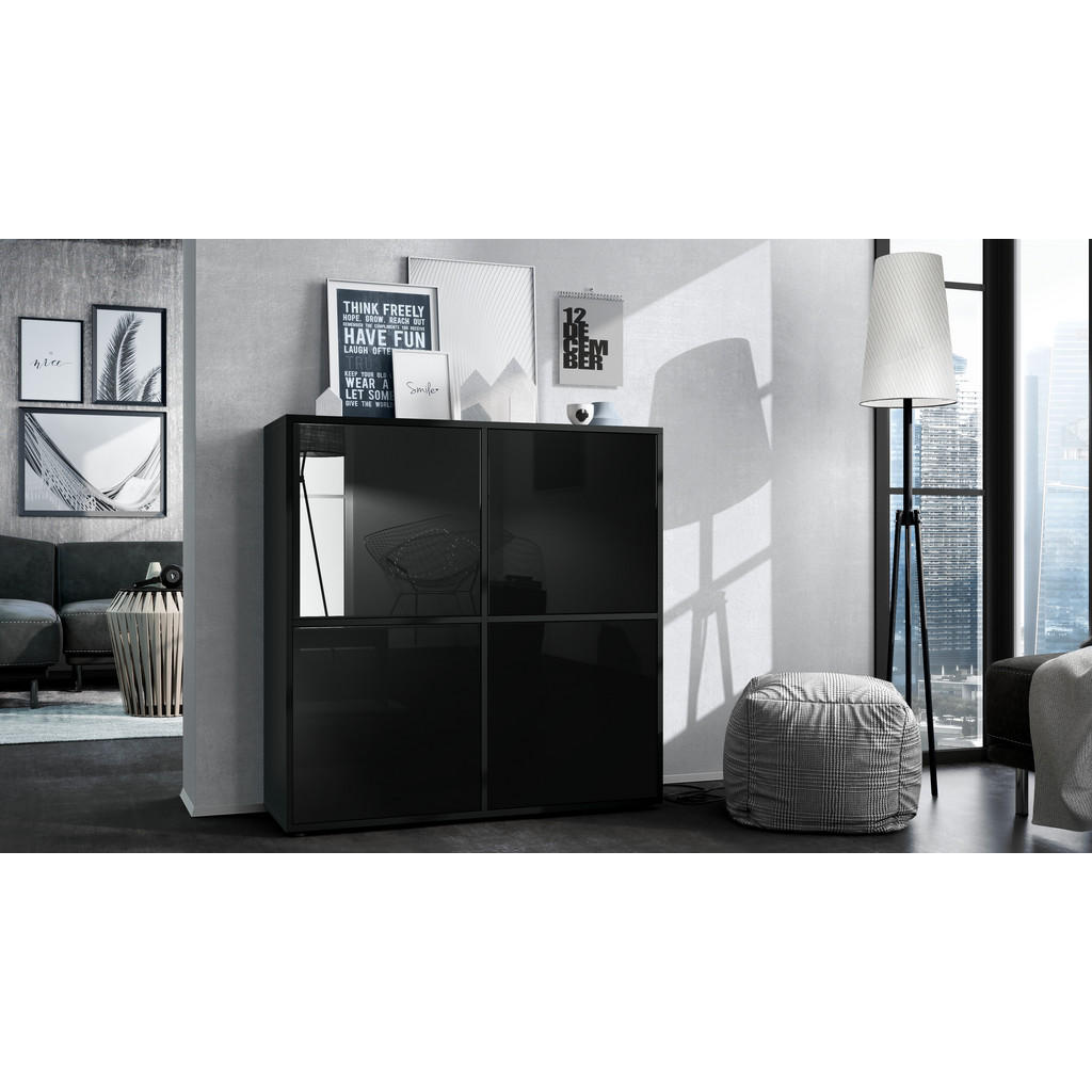 Thumbnail - Vladon Highboard, Schwarz Hochglanz, Holzwerkstoff, 104x105.5x35.5 cm, Wohnzimmer, Kommoden & Sideboards, Highboards