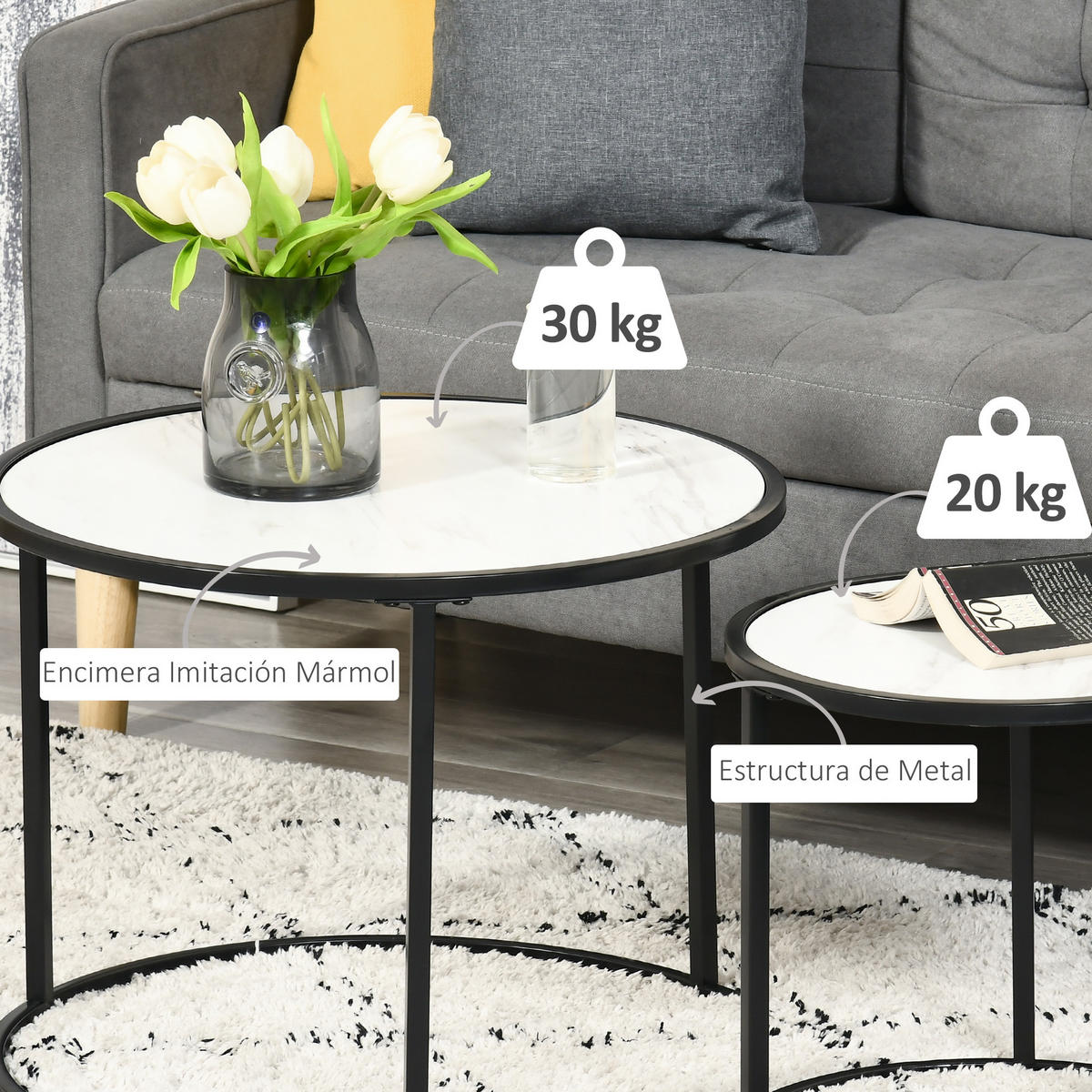 BEISTELLTISCH Weiß 2 Stück - Weiß, Naturmaterialien (60/60/46cm) - GiPP