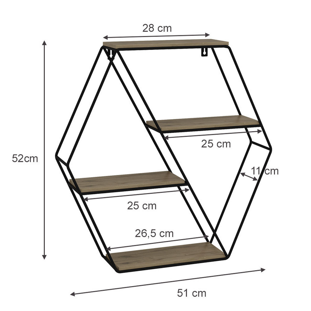 WANDREGAL Fyrk Eiche 51 x 52 cm Eckform - Eichefarben/Schwarz, Holzwerkstoff (51/52/11cm) - Vicco