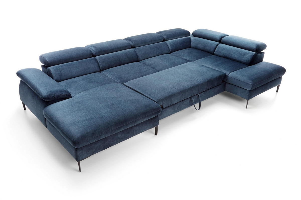 WOHNLANDSCHAFT MESTO Blau Velours-Stoff mit Schlaffunktion - Blau, Holz (353/94/182cm) - MASSENO