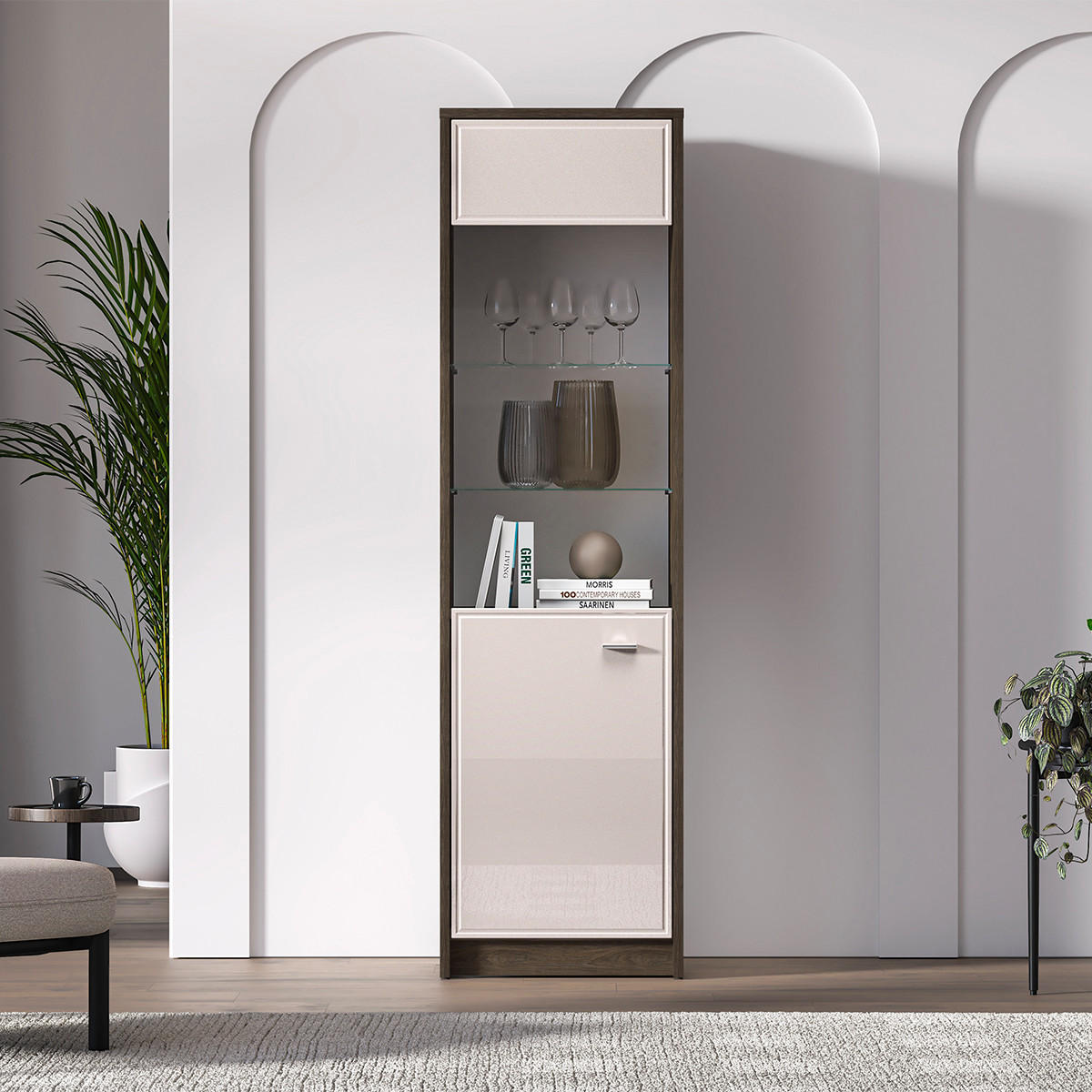 VITRÍNA Kaius Kašmír a tmavé dřevo - béžová, kompozitní dřevo (54.6/194.7/40cm) - Petits-meubles