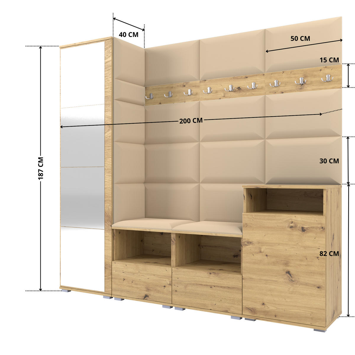 GARDEROBE NELA X 200 cm (Modulare Flurmöbel Artisan Eiche mit Spiegel & Sitzpolster Beige 04 Schrank + Sideboard) - Beige/Silberfarben, Holz/Holzwerkstoff (200/187/40cm) - Ravio