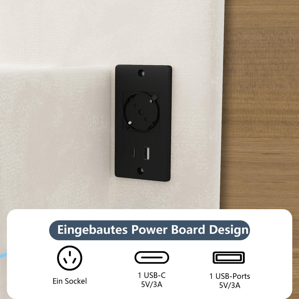POLSTERBETT 140/190 cm beige Samt mit LED USB Kopfteil - Beige, Holz