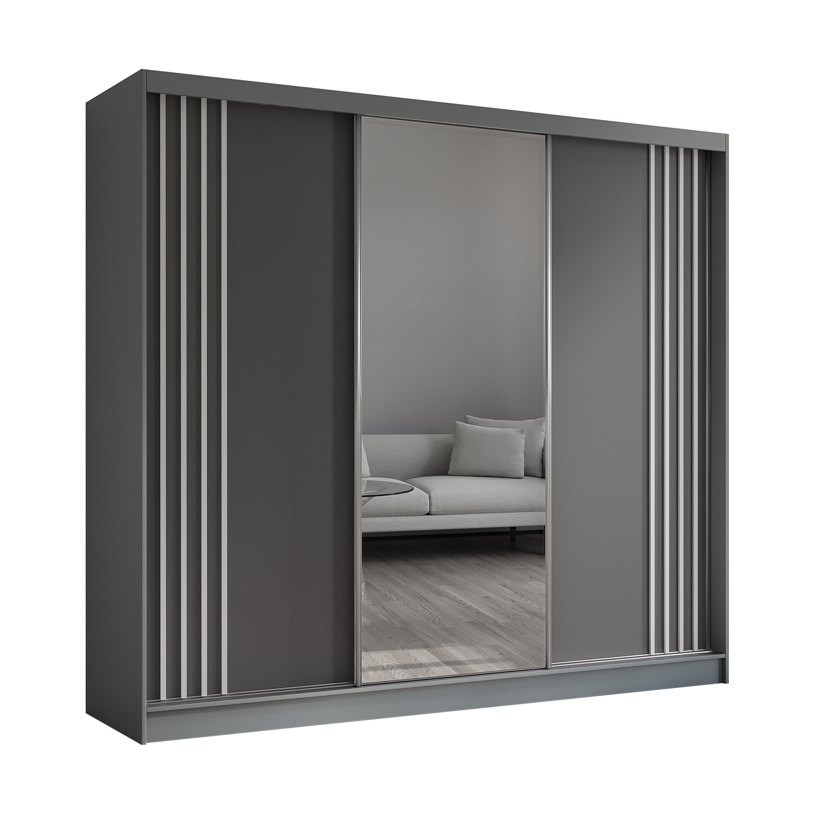 KLEIDERSCHRANK mit Spiegel-Schiebetüren und Aluminium-Leisten, LED-Beleuchtung - NALLA - 240 cm Grau+Grau+Weiß - Weiß/Grau, Holzwerkstoff (240/216/61cm) - ALTDECOR