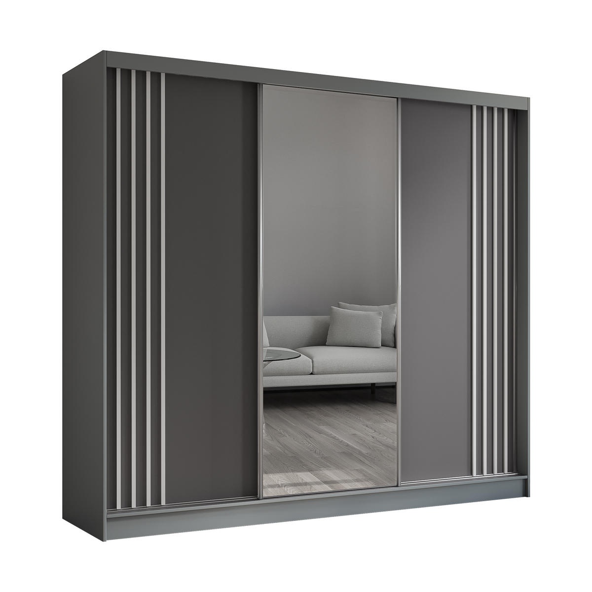 KLEIDERSCHRANK mit Spiegel-Schiebetüren und Aluminium-Leisten, LED-Beleuchtung - NALLA - 240 cm Grau+Grau+Weiß - Weiß/Grau, Holzwerkstoff (240/216/61cm) - ALTDECOR