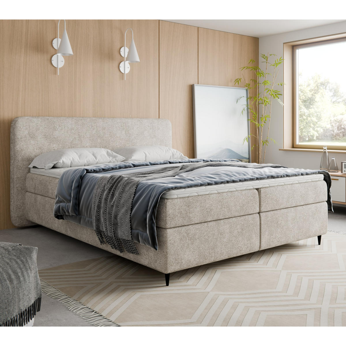BOXSPRINGBETT BOHO II 140x200 cm, Hellbeige Bouclé, inkl. Topper & Bettkasten - Beige, Textil (140/200cm) - Excellent Home