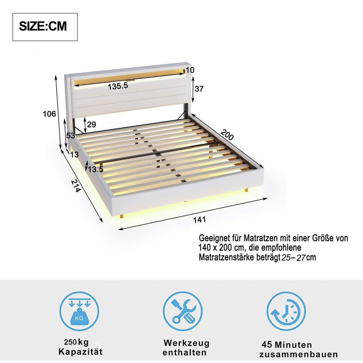 POLSTERBETT 140/200 cm Beige mit USB-Steckdose und LED-Beleuchtung - Beige, Textil (140/200cm) - OKWISH