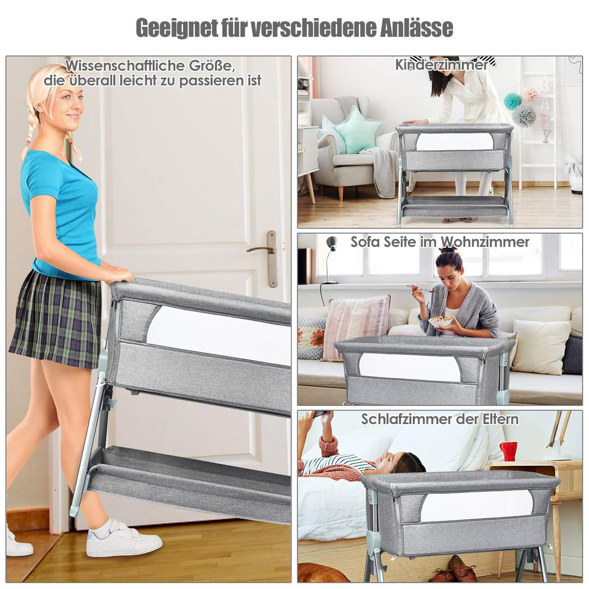 BABYBETT Beistellbett Grau - Grau, Textil - COSTWAY