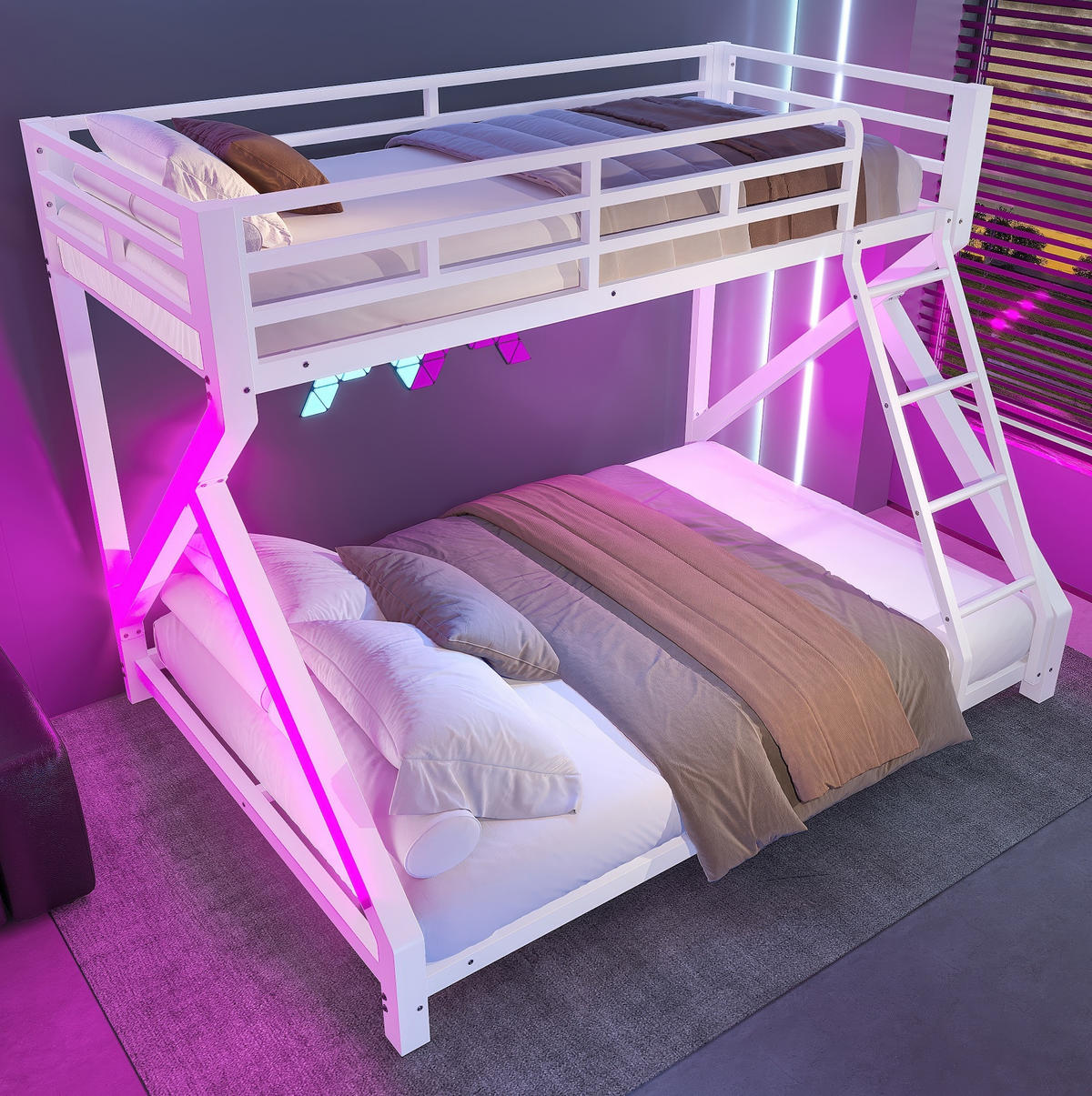 ETAGENBETT aus Metall 90x200/140x200 cm Weiß mit LED-Lichtleiste, Sicherheitsgeländer und Leiter - Weiß, Metall (90/200cm) - Modfu