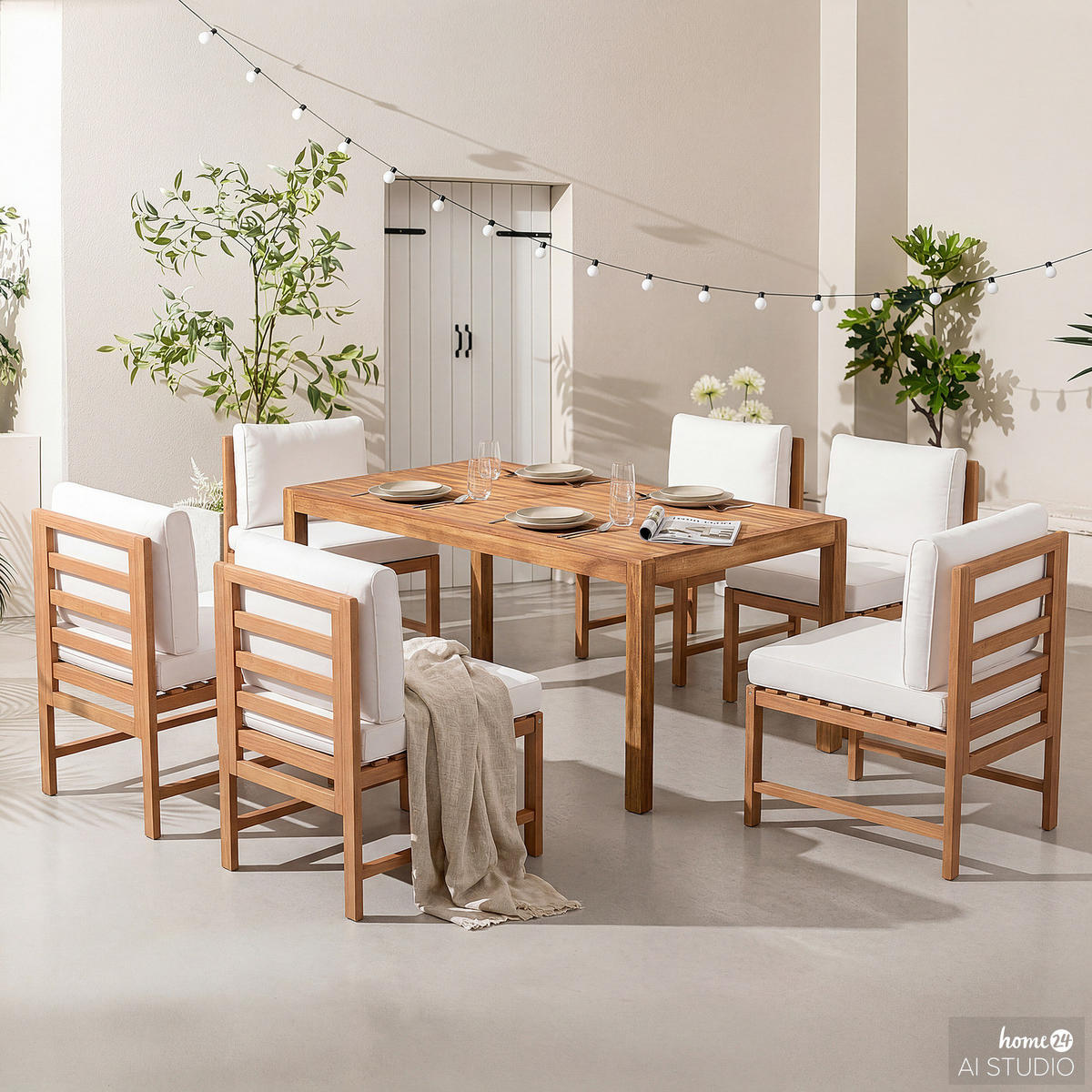 DINING-LOUNGESET - 7-teilig - Akazie massiv / Polyester - Braun / Beige - Beige/Braun, Holz/Textil - home24