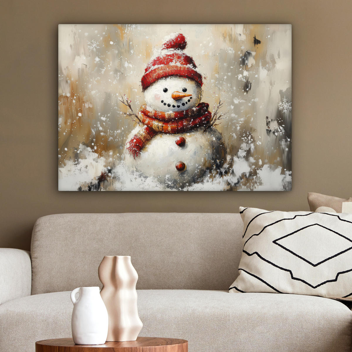 LEINWANDBILD Schneemann - Winter - Schnee - Beige Wandbilder 80x60 cm - Weiß, Textil (80/60cm) - MuchoWow