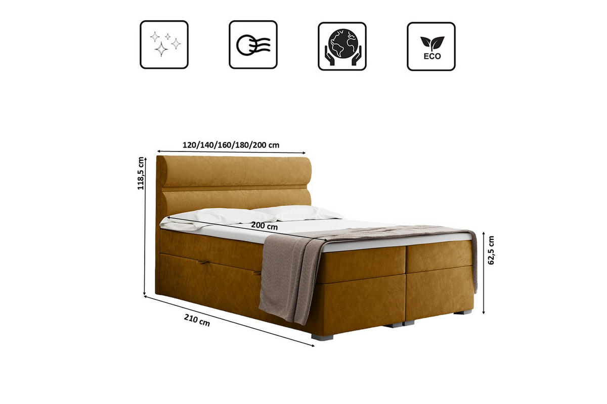 BOXBETT Mit Bettkasten, Matratze Und Topper VERA Stoff Riviera 140x200 cm Gelb H2-Pocket - Gelb, Holz/Holzwerkstoff - Kaiser Möbel