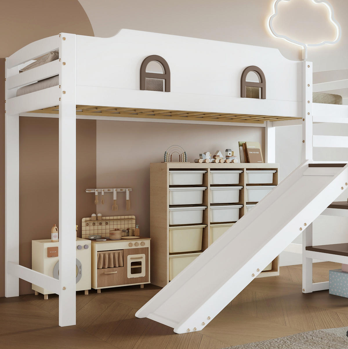 ETAGENBETT mit Rutsche und Stauraumtreppe 90x200 cm Weiß - Weiß, Holzwerkstoff (90/200cm) - Beauniv