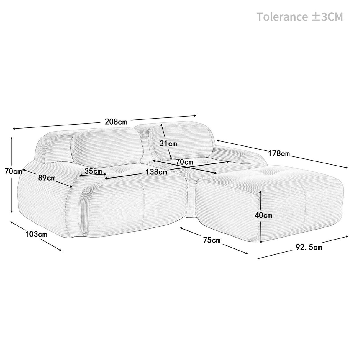 ECKSOFA modular rahmenlos Cordstoff Grün montagefrei - Grün, Kunststoff (178/208cm) - Meubliv