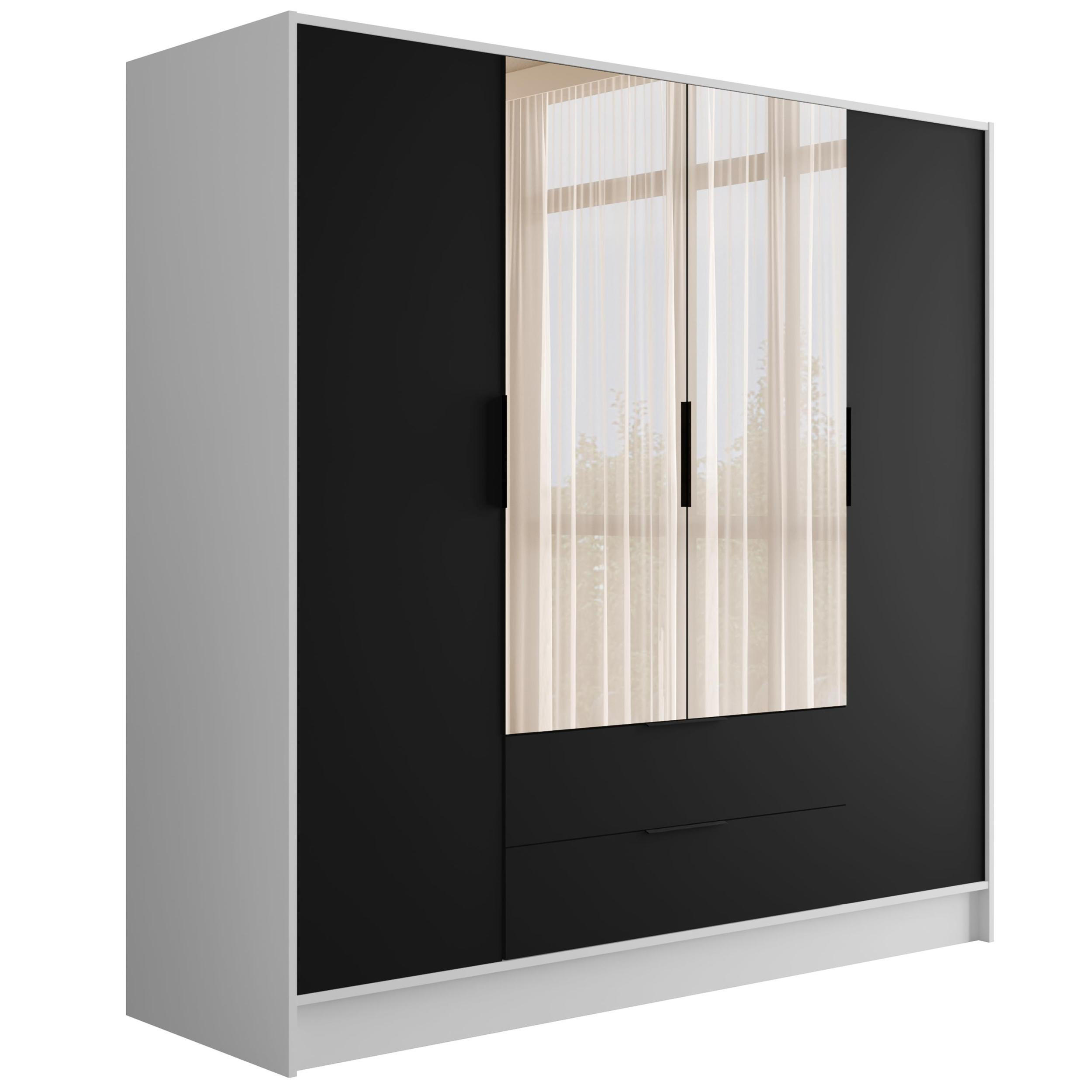 KLEIDERSCHRANK mit Spiegel und Flügeltüren KOLIN 200x200cm Weiß / Schwarz - Schwarz/Weiß, Holzwerkstoff (200/200/51cm) - ALTDECOR