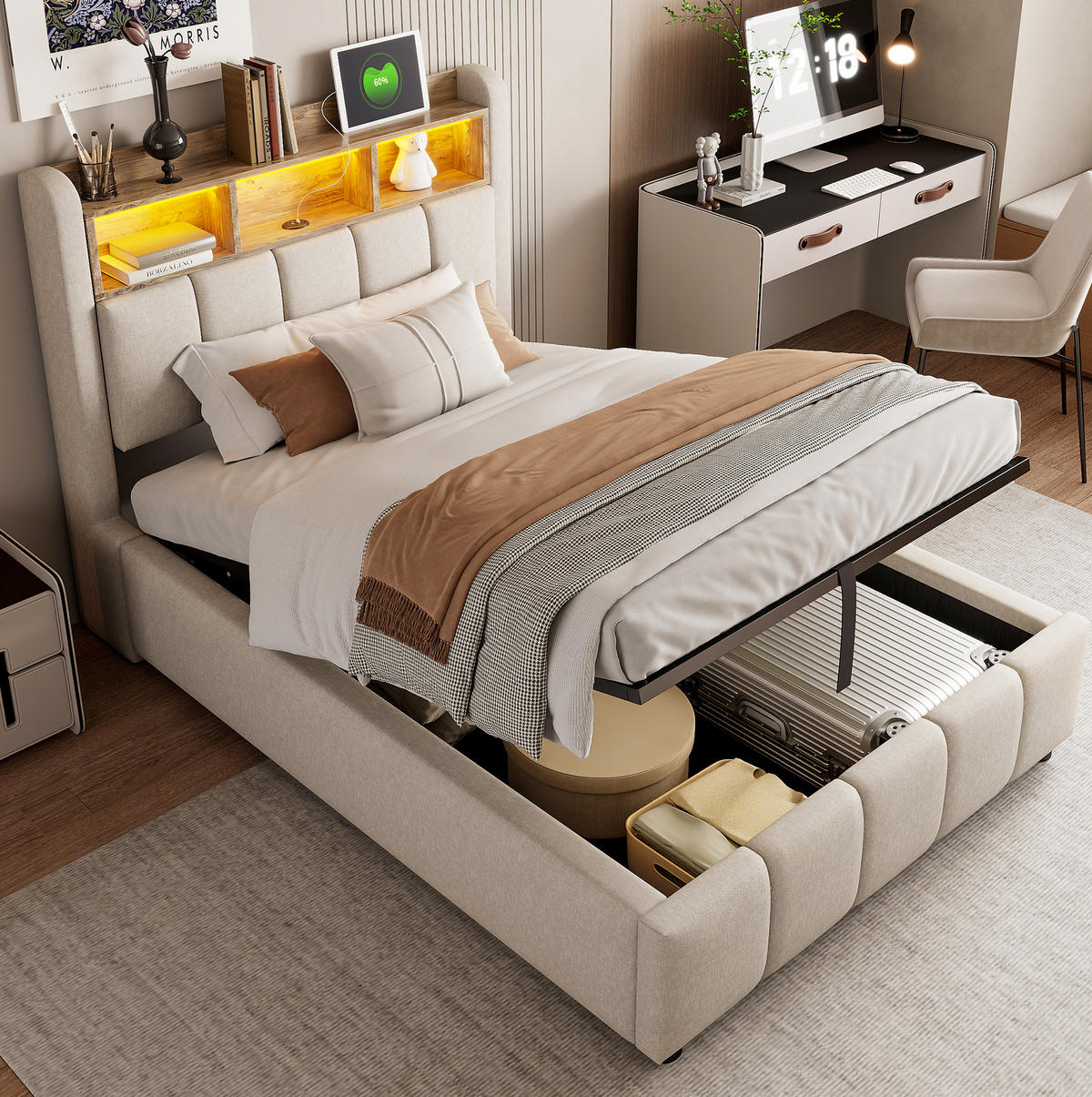 POLSTERBETT 90/200 cm Beige aus Leinenstoff mit LED-Beleuchtung und Stauraum - Beige, Textil (90/200cm) - OKMYHOME
