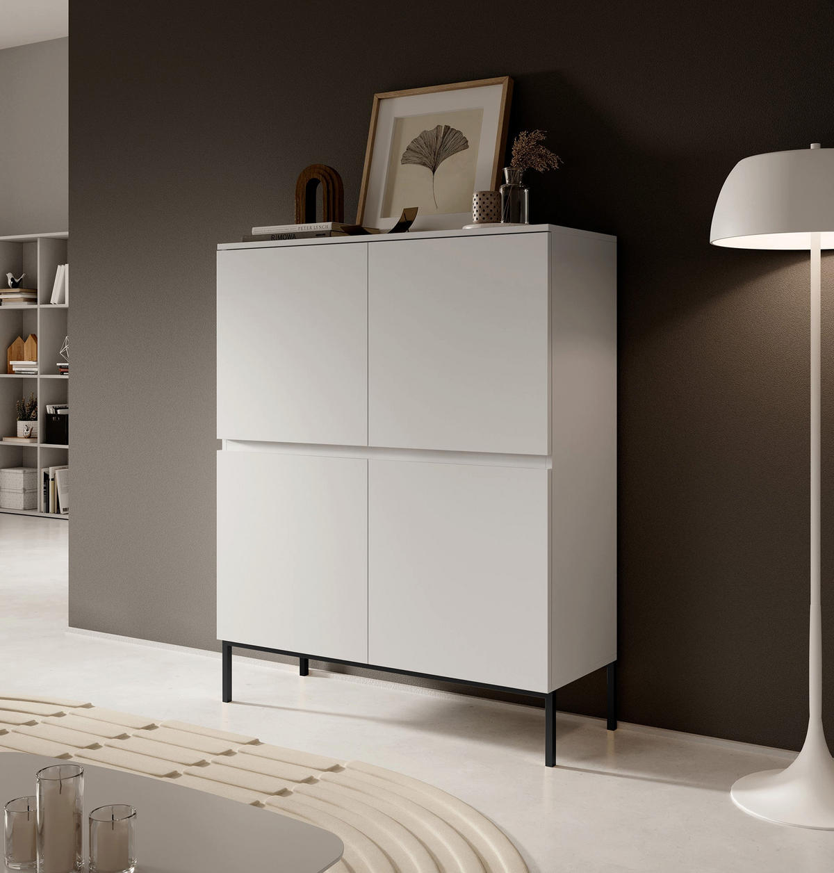 HIGHBOARD Bemmi Weiß mit schwarzen Beinen Hochkommode 4-türig 100 cm - Schwarz/Weiß, Holzwerkstoff/Metall (100/122/35cm) - Selsey