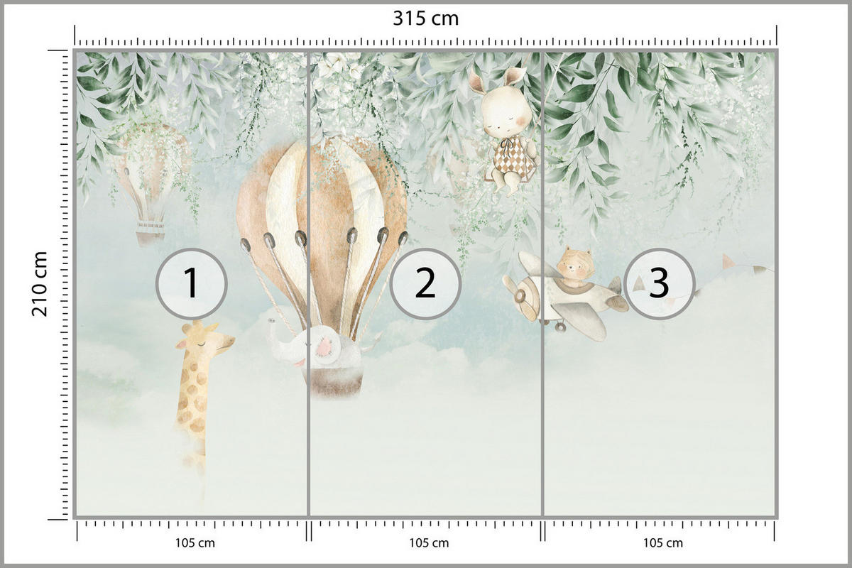 FOTOTAPETE Für Kinder TIERE Luftballons Blätter Blumen Wolken 315x210cm - Beige/Braun, Papier (315/210cm) - Muralo