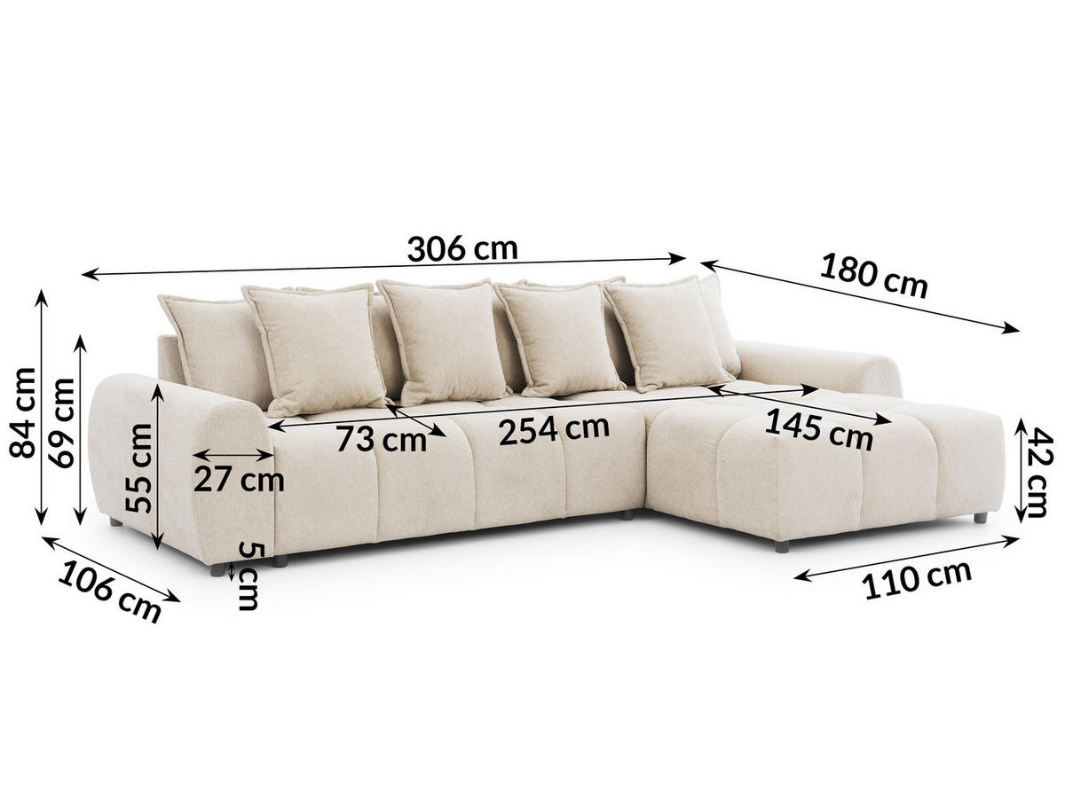 ECKSOFA inkl. Hocker Bubble mit Schlaffunktion und losen Rückenkissen, Sitzfläche Bubble-Optik aus weichem Hellbeige Strukturstoff - Ottomane Rechts - Beige/Schwarz, Holz/Kunststoff (306/180cm) - S-Style Möbel